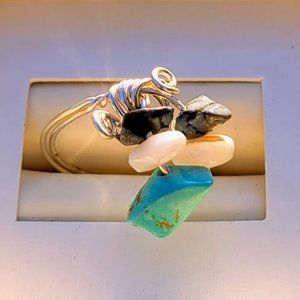 Artisanal Gemstone Crystal Silver Ring Customizable Turquoise Coral & Obsidian